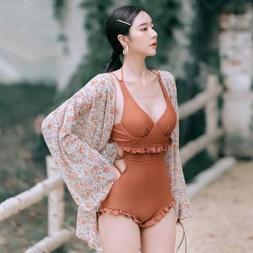 One Piece Swimsuit Korean Push Up Swimming Suit For Women Retro Ladies Bathing Onepiece Plus Size 2021 New Cover Sexy Cotton