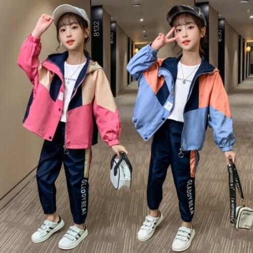 Girls Suits Coat+ Pants Sets Kids Teenagers 2021 Zipper Spring Autumn Tracksuits Comfortable Cotton Children Clothing Sportswear