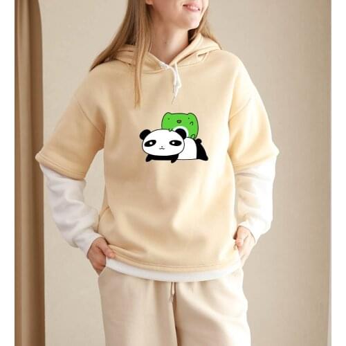 Hoody Little Panda and Frog Print Hoodie Womens Oversized Color Block Sweatshirts Cute Winter Clothes Streetwear Pastel Clothing