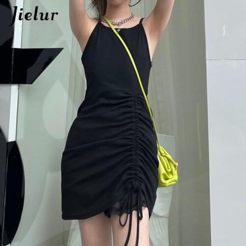 Jielur Summer Drawstring Suspender Dresses for Women Sleeveless Bodycon Dresses Womens Black Slim Camisole Dress Femme S-M 2021
