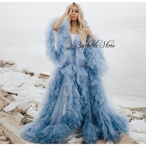Trendy Puffy Rulles A-line Mesh Long Robe Prom Gowns See Thru Flare Sleeves Tulle Party Dresses Photo Shoot Beach Dress