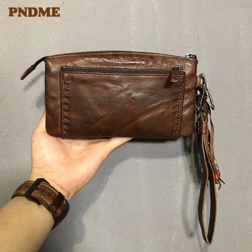 Fashion handmade vintage tassels womens genuine leather wallet designer luxury natural cowhide zipper phone clutch purse