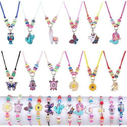 Cartoon Colorful Animal Unicorn Charms Bracelets Necklace Set For Women Men Child Handmade Adjustable Jewelry Gifts Wholesale