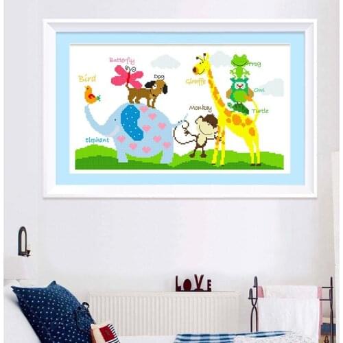 Cross stich embroidery set kids creative DIY handmade animal paradise elephant monkey giraffe zoo cartoon pattern