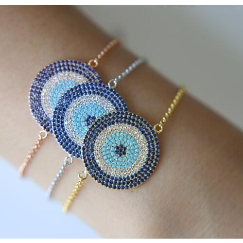 New Simple Design Gold AAA Blue cubic zirconia micro pave round pendant Link chain girl women fashion 2017 New bracelet bangle