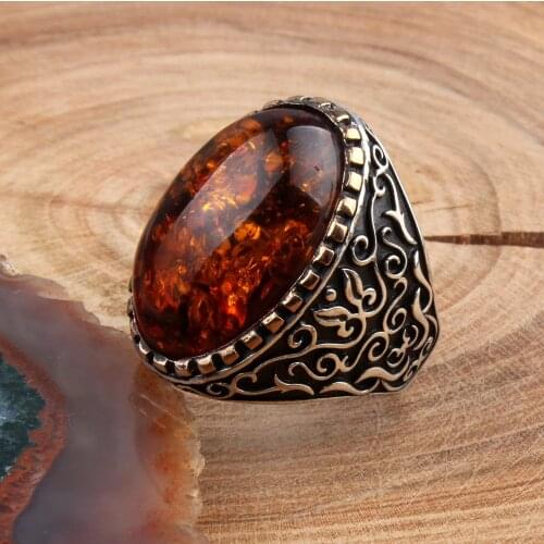 Fire Amber Stone Traditional Turkish 925 Silver Mens Handmade Signet Rings Jewelry Gift From Turkey for Women Men