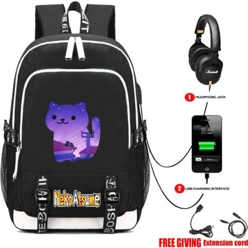 Neko Atsume Cat Backyard Book bag Rucksack Student School Bag For Boys Girls Travel Backpack USB Port Mochila Black Backpack