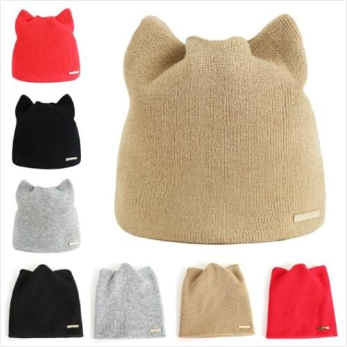 Cat ear knit pullover cap Beanies Women Solid color simple warm earmuffs hat Girls Cute Winter Knitted Skullies Beanies