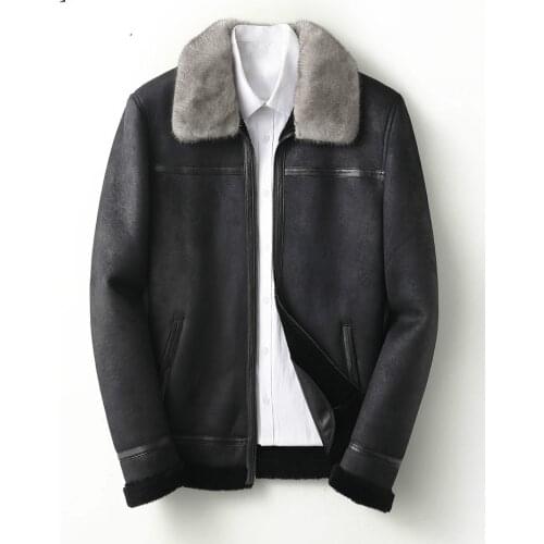 High Quality Sheepskin Fur Coat Lapel Genuine Leather Clothes Shearling Jacket Mens Mink Collar