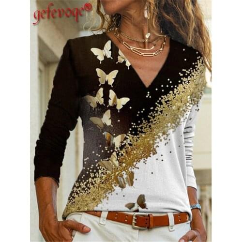Autumn Clothes for Women 2021Trending Casual V Neck Long Sleeve Elegant Gold Butterfly Print Tunic Tops Female Tee T Shirt Femme