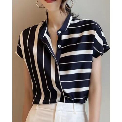 Stripes Chiffon Shirt for Womens Summer 2021 Short-sleeved Ladies Tops Office V-Neck Korean Fashion Clothing Blusas Female 0956