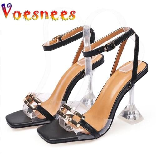 Women Sandals 2021 New Sexy Metal Decorative Transparent Upper High-Heeled Shoes Summer Square End Buckle Strap Female Shoes