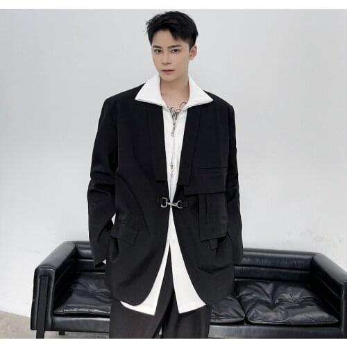 2021 spring Korean style Personalized metal buckle design Suit men Casual loose black Blazers for men M-XL