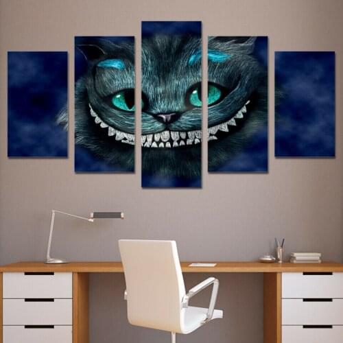 5 Pcs Canvas Picture Print Wall Art Canvas Painting Wall Decor for Living Room Cheshire Cat at Night in Movie Poster No Framed