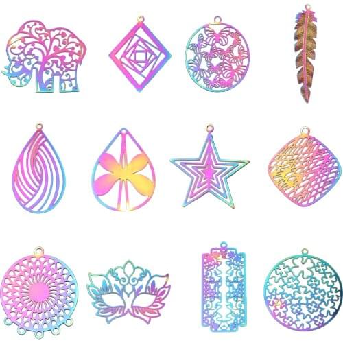 Hollow Geometry Butterfly Star Stainless Steel Filigree Stamping Pendants Oval AB Color Charms For DIY Earring Jewelry Making