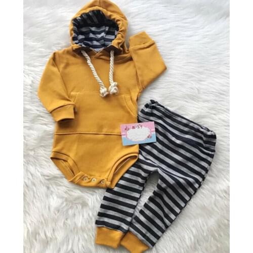 2020 Toddler Baby Boy Autumn Clothes Hooded Tops Long Sleeve Bodysuit+ Striped Long Pants 2pcs Outfits
