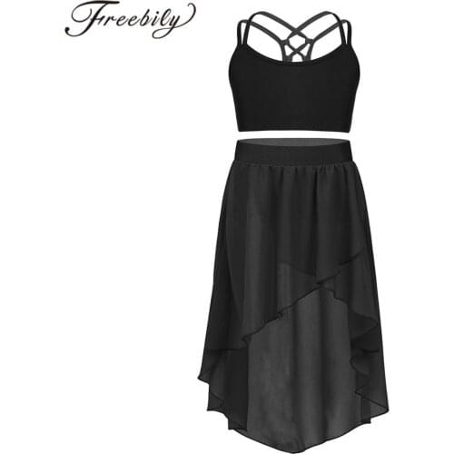 Girls Ballet Dance Wear Kids Criss Cross Back Tank Crop Top With Chiffon Skirt Set Contemporary Dancewear Lyrical Dance Costumes