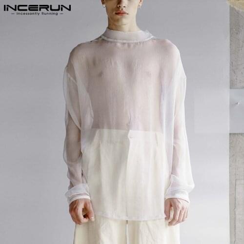 Men Mesh T Shirt Round Neck Long Sleeve 2021 Breathable See Through Streetwear Loose Tee Tops Sexy Thin Men Clothing 5XL INCERUN
