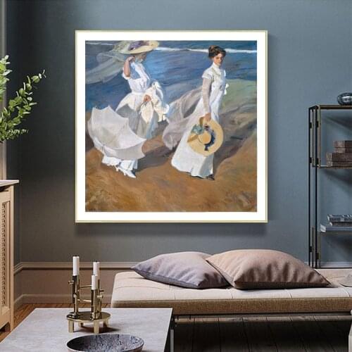 "Promenade by the Sea" by Joaquin sorolla Oil Painting Reproduction Canvas on Abstract Poster Print Wall picture for living room
