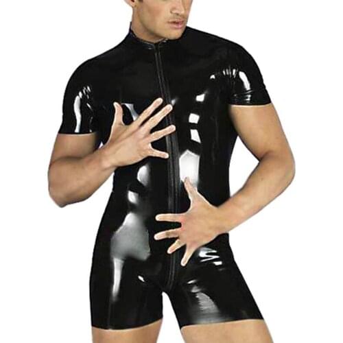 Wet Look latex Catsuit Faux Leather Jumpsuits Black thick PVC Bodysuits Sexy Clubwear Men Open Crotch Lingerie Body Suit