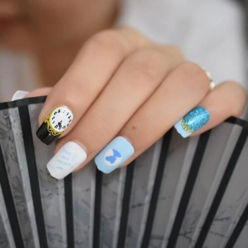 Fashion Summer French Fake Nail Tips Light Blue Clock Princess Shimmer Blue Glitter Full Cover Artificial False Press On Nails