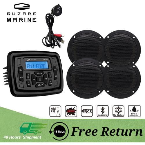 Marine Radio Audio Stereo Boat Bluetooth MP3 Player FM AM Sound System Receiver+2Pairs 4 inch Waterproof Speaker+USB Audio Cable