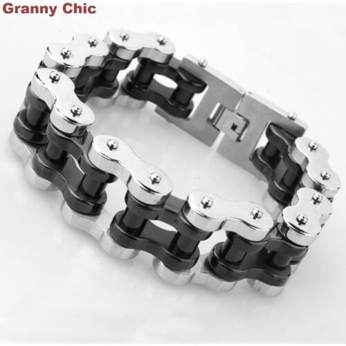 Granny Chic Mens Jewelry Silver Black Heavy Wide Cool Stainless Steel Handmade Motorcycle Biker Bracelet 22mm