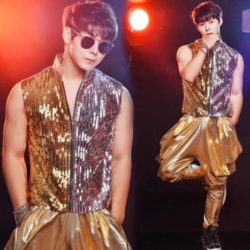 Adult Male Ropa Hip Hop Costume Gold Silver Sequin Tops Pant Set Nightclub Men Singers Stage Ballroom Performance Wear 2077