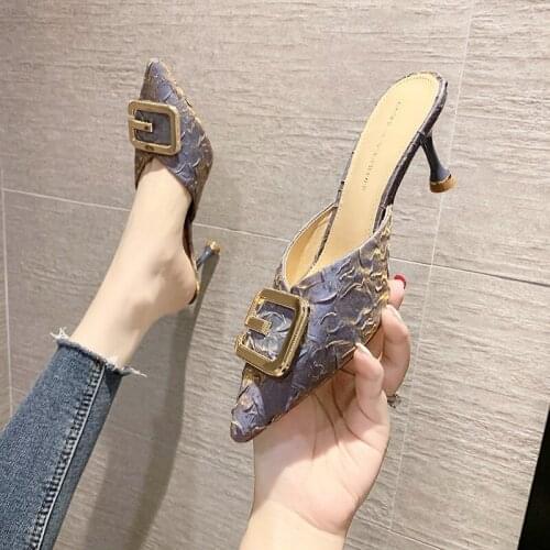 Womens Slippers Casual String Bead Mules Shoes for Women Thin High Heels Covered Toe Slippers Summer Fashion Womens Shoes