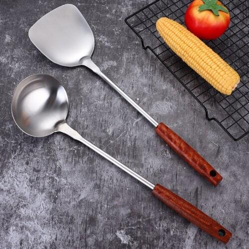 Stainless steel kitchen ware rosewood handle pan shovel soup spoon long handle cooking spoon shovel set kitchen cooking tools