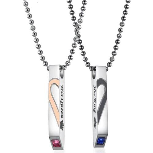 Stainless Steel Rose Gold Her King His Queen Heart Splicing Zircon Stone Lovers Pendant Necklace Jewelry with Ball Chain Gift