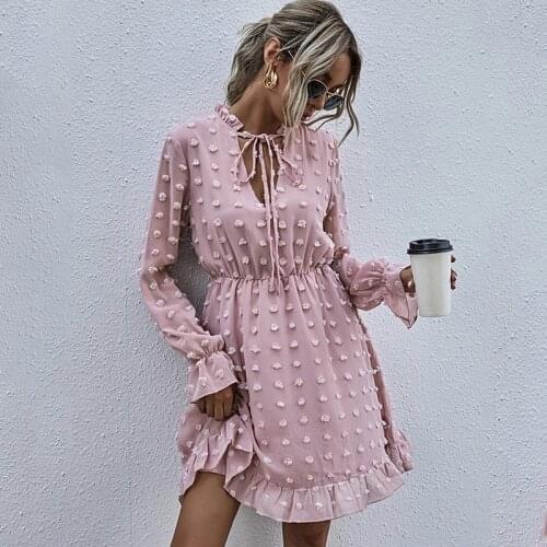 Solid Polka Dot White Dress Dress Long Sleeve Mini Dress Women Elegant Spring Autumn Chic Boho Beach Style Dress Lace Up