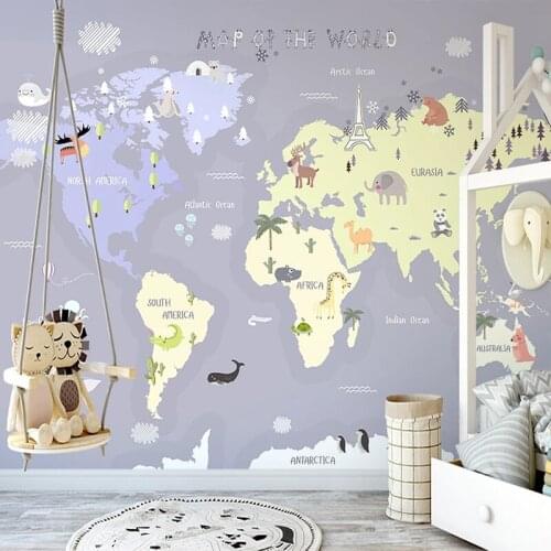 Custom Mural Hand Painted Cartoon Animal World Map Poster Interior Children Room Boys Bedroom Wall Decoration 3D Photo Wallpaper