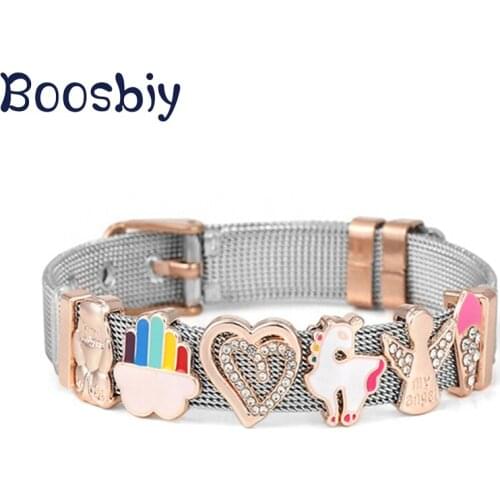 10mm Stainless Steel Mesh Bracelet With Color Unicorn Slide Charm Beads DIY Heart Angel Romantic Jewelry Gift for Women