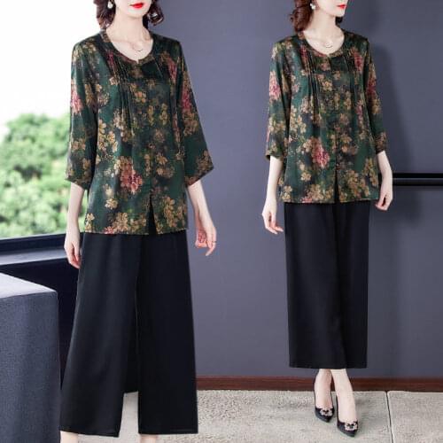 Silk Round Neck Summer Suit Three-Quarter Sleeves Loose Large Size Set Womens Wide Leg Pants Printed Two Piece Outfits zh124
