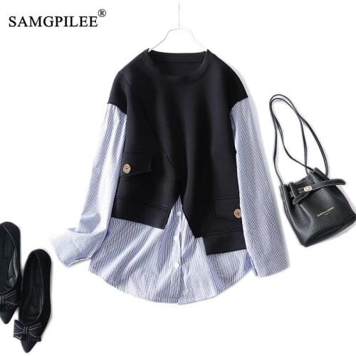 Oversized Hoodie 2021 New Fashion Comfortable Space Cotton Fake Two-piece Striped Straight Korean Style Sweatshirts For Women