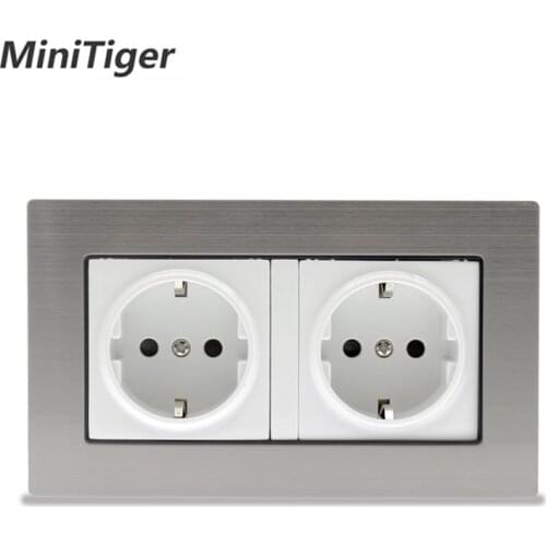 Minitiger High Quality 146*86 mm EU Standard Double Socket Luxury Wall Power Outlet Stainless Steel Panel Electrical Plug