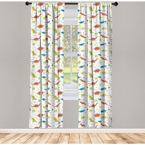 Nursery Curtain for Kids Room Prehistoric Nature Doodle with Dinosaurs Volcano Palm Trees Hand Drawn Wildlife Window Drapes