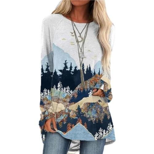 Women T-Shirts Casual Mountain Tree Print Pullover Long Sleeve O-Neck Loose T-shirt Top Womens Clothing 2021 футболка оверсайз