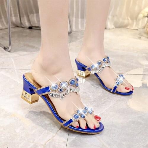 Sexy Slippers Women Sandals Fashion New Outside Slip on High Heels Rhinestone Slippers Shoes Women Gladiator Flip Flops Women
