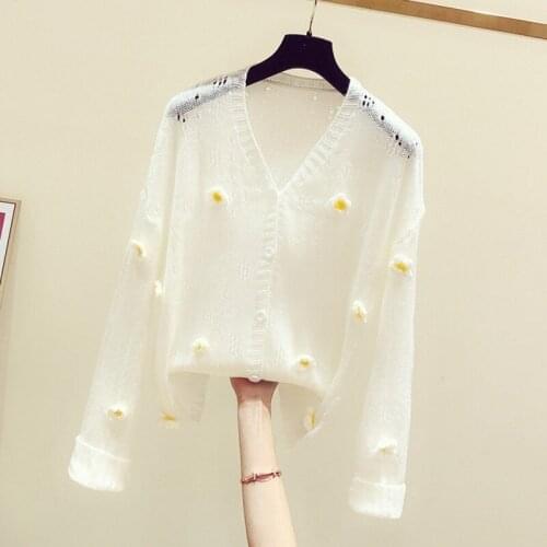 Knitted Women Sweaters And Cardigan Flower Solid Thin Long-Sleeved Loose Office Lady Elegant Outwear Coat Tops