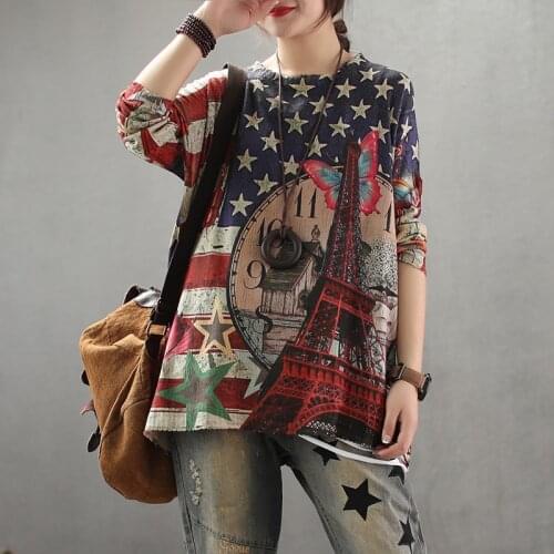 Women Spring Summer Knitted Tops Sweater Retro Loose Pullovers Knitting Tops Knitwear Print Pattern Ladies Casual Sweater