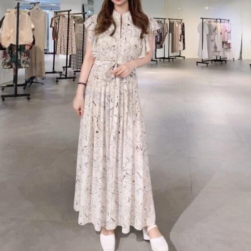 Stand Collar Pleated Flying Sleeve Long Dress Bandage Slim Waist A Line Summer Vestiods Japan Style Ol Elegant Print Robe Female