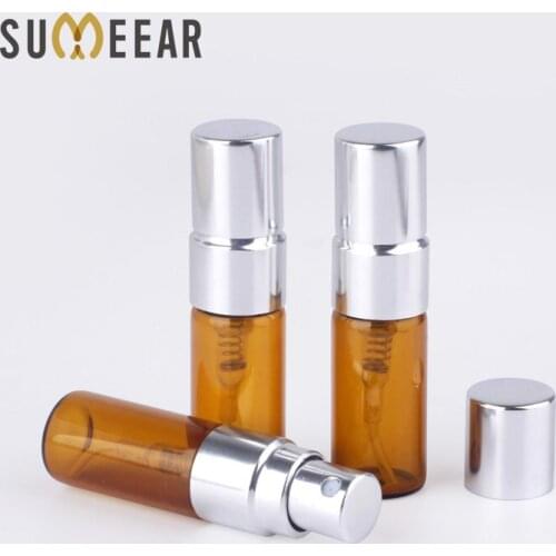 100 Pcs/Lot Trial Pack 3ML Amber SPRAY BOTTLE Refillable Perfume Bottle Silver Spray Bottle Atomizer Cosmetic Container Case