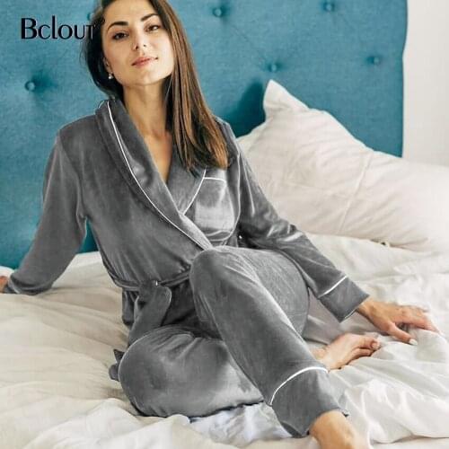 Bclout Velvet Warm Home Wear For Women Thick Robes And Pants Solid Pocket Long Sleeve Two Piece Set Autumn Winter Casual 2021
