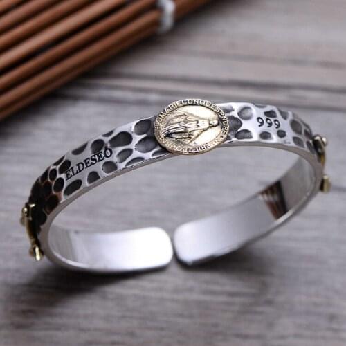 Real Solid 999 Sterling Silver Cuff Bracelet Virgin Mary Cross Jewelry A5073