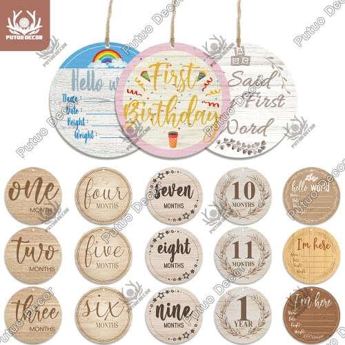 Putuo Decor Newborn Baby Name Announcement Wood Sign Hello World Wood Plaque Baby Milestone Personalized Baby Gift Wall Decor