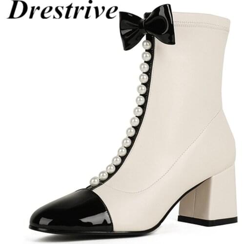 Drestrive Women Ankle Boots Beaded Butterfly Knot Patent Leather Square Toe Patchwork 2021 Winter Thick High Heel Shoes
