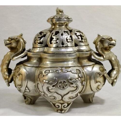 China White copper double ear dragon incense burner crafts statue