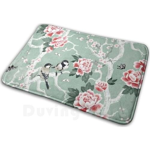 Chinoiserie Birds In Green Mat Rug Carpet Anti-Slip Floor Mats Bedroom Adenaj Sakura Light Green Sage Green Garden Birds Cherry
